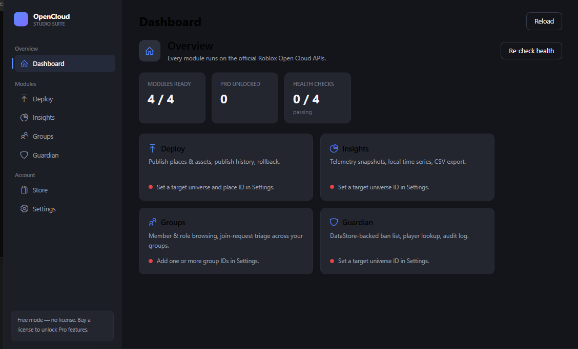 OpenCloud Studio Suite dashboard: stat tiles for each module and per-target health checks.