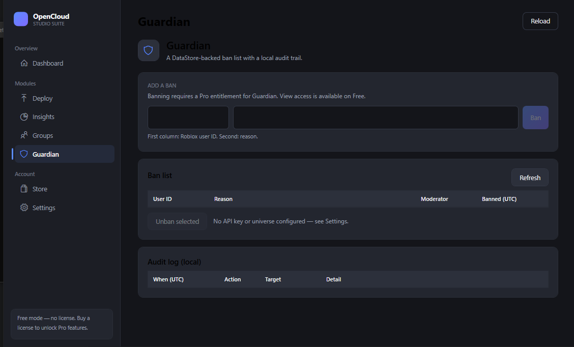 The Guardian module: a ban list with user IDs, reasons, and an audit trail.